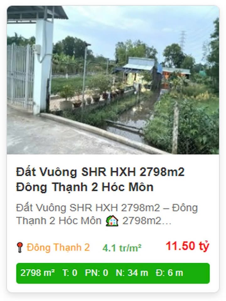 Đất nền Đông Thạnh 2 Hóc Môn 2798m² - Sổ đỏ chính chủ, giá tốt!