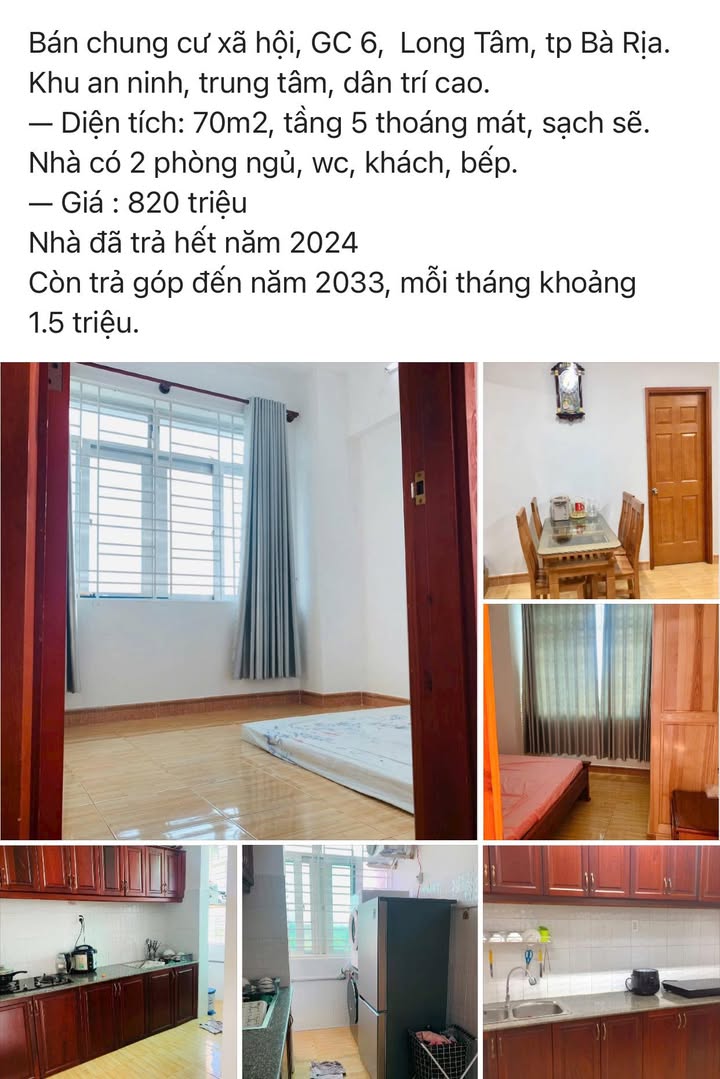 Căn hộ chung cư xã hội GC 6 Long Tâm 70m² giá 820 triệu - Không gian sống lý tưởng!