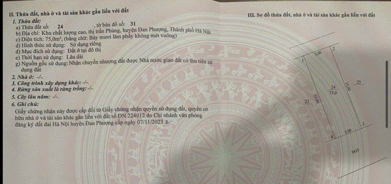 Đất nền 75m² Thị trấn Phùng Đan Phượng - Giá chỉ 7.125 tỷ - Cơ hội đầu tư sinh lời cao!