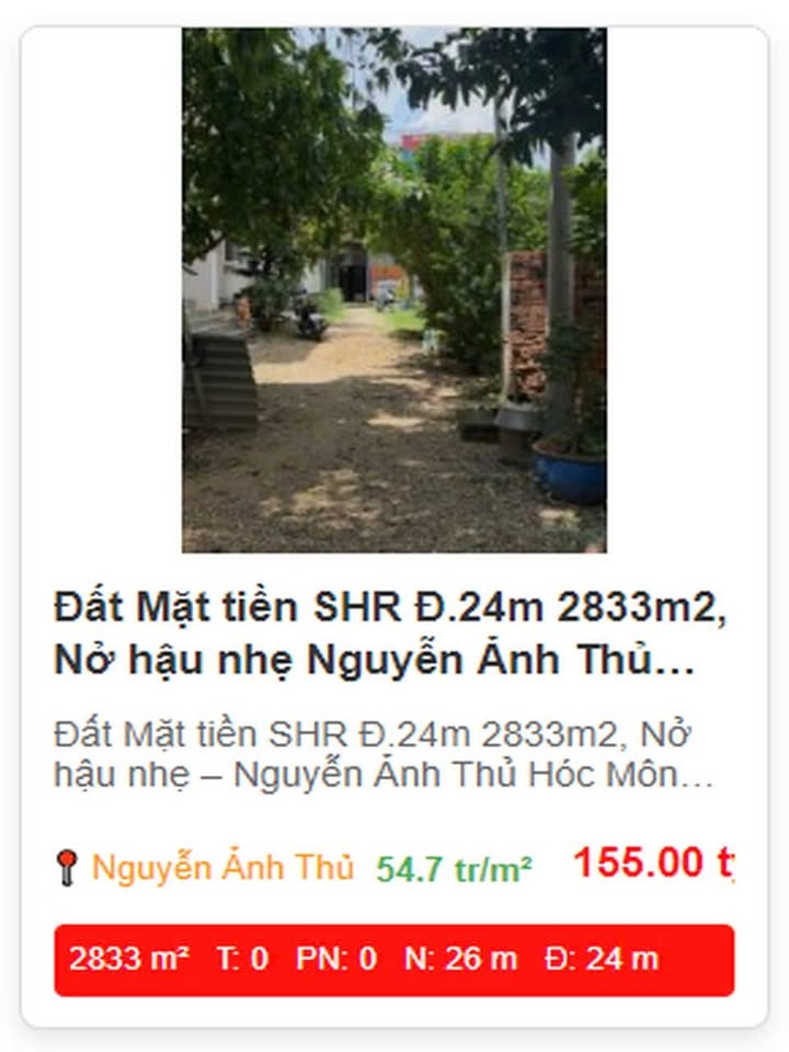 Đất mặt tiền Nguyễn Ảnh Thủ Hóc Môn 2833m² - Nở hậu nhẹ, sổ đỏ chính chủ!
