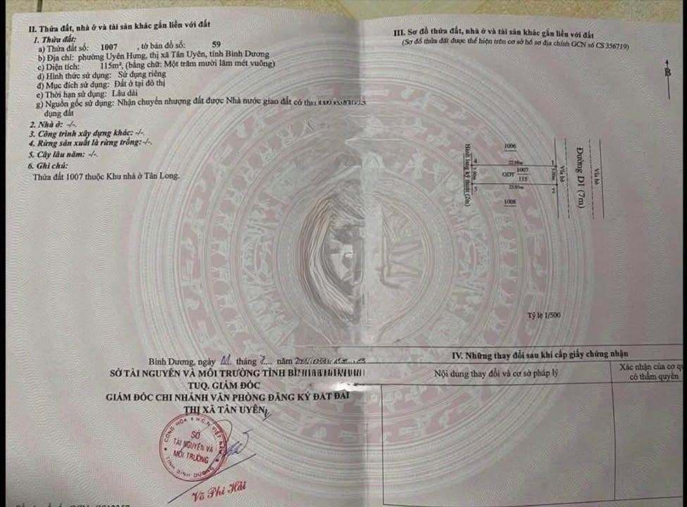 Đất nền Tân Long 1, Uyên Hưng 115m² giá 1.7 tỷ - Đường rộng 9m, thổ cư 100%!