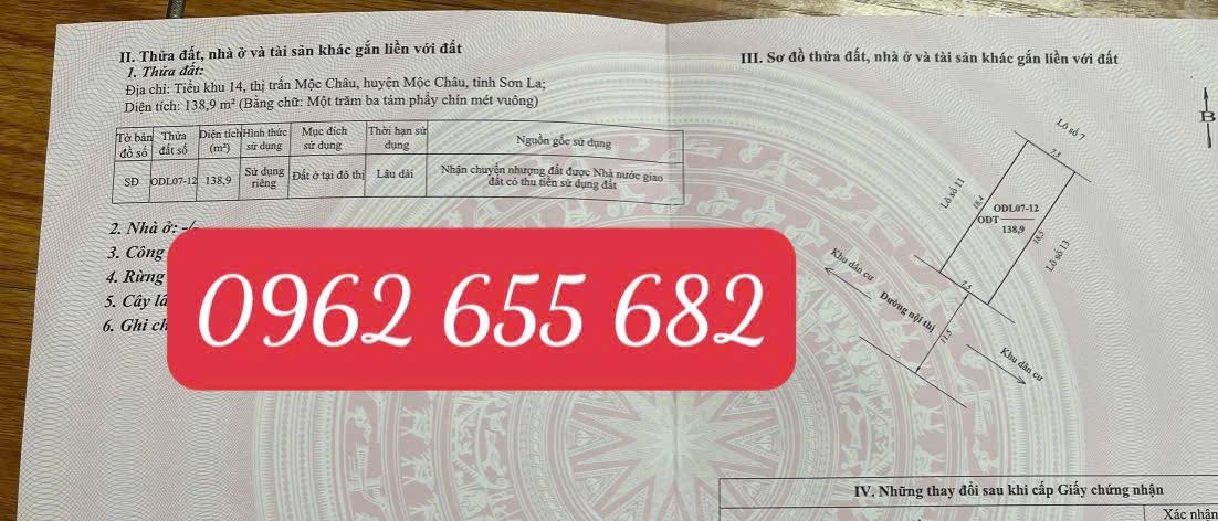 Đất thổ cư Mộc Châu 138,9m² giá 2 tỷ - Vị trí đẹp, đường rộng 11,5m!