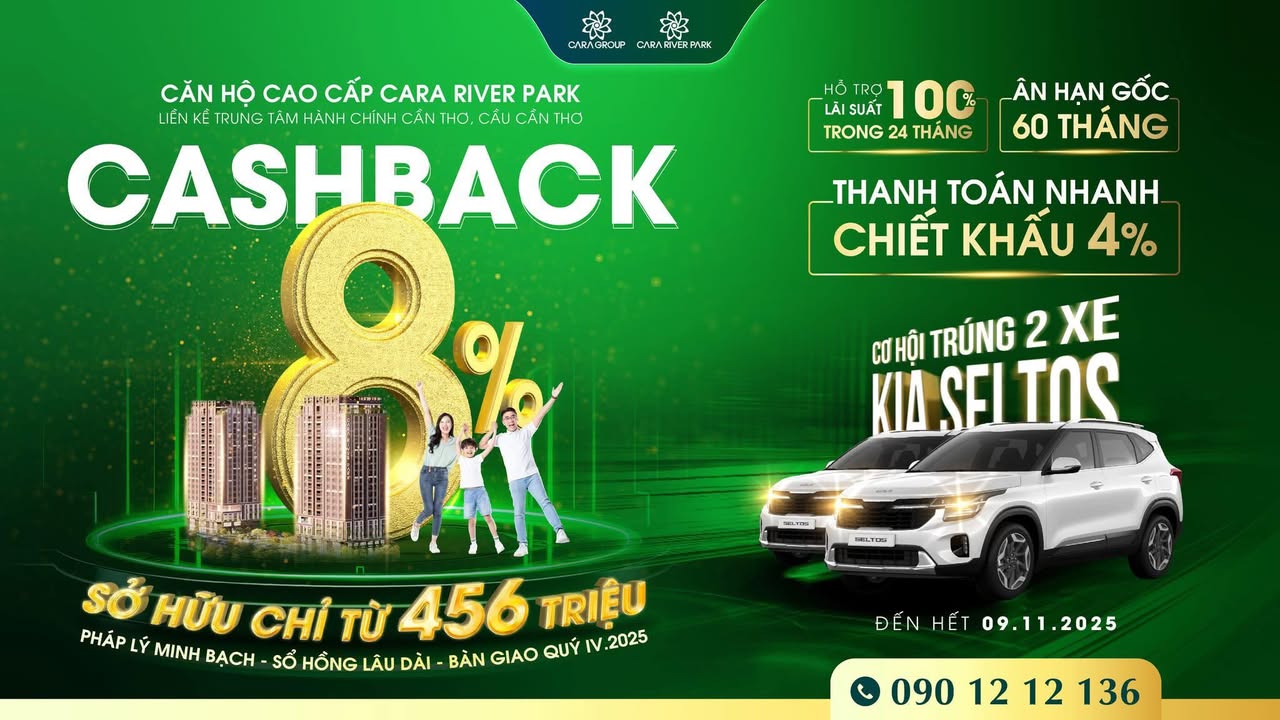 Căn hộ Cara River Park Cần Thơ 2PN giá 15 triệu - Đầu tư an toàn sinh lời bền vững!