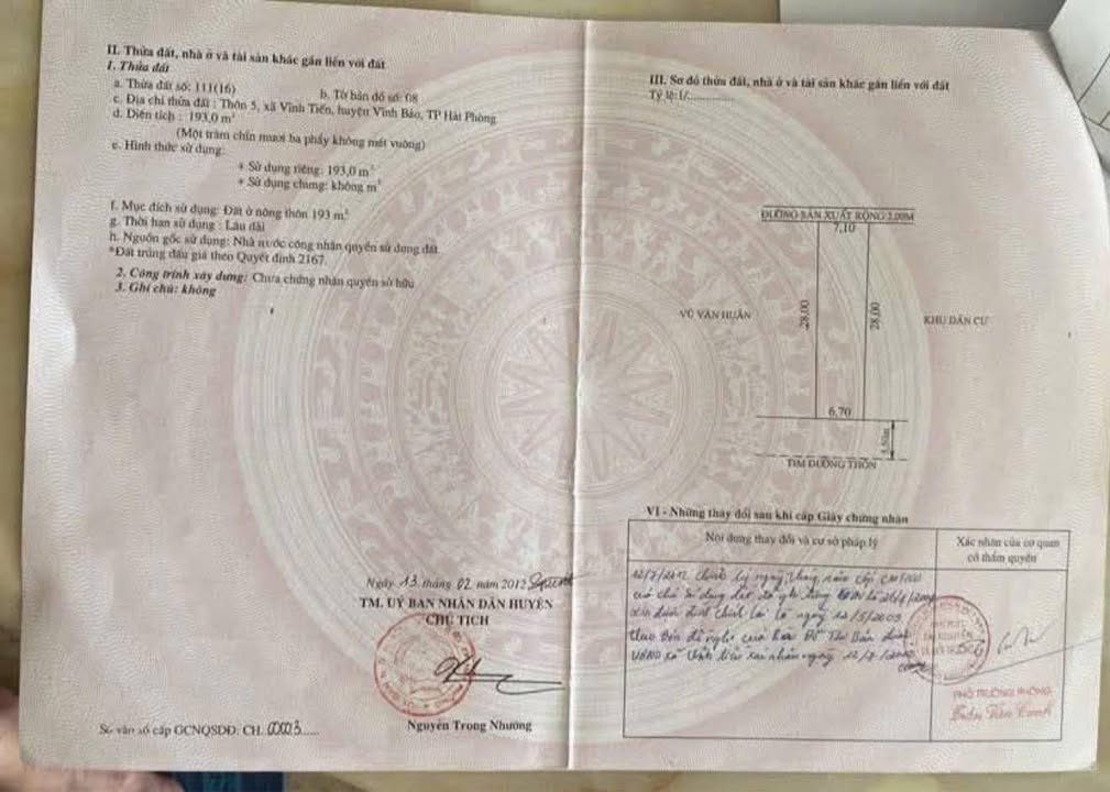 Đất thổ cư 190m² mặt đường trải nhựa tại Vĩnh Tiến - Vị trí cực thoáng, giá thỏa thuận!