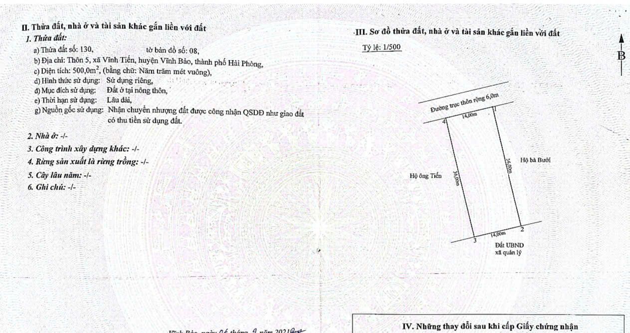 Đất nền 500m² tại Vĩnh Tiến, Vĩnh Bảo chỉ 3 tỷ - Cơ hội đầu tư sinh lời!