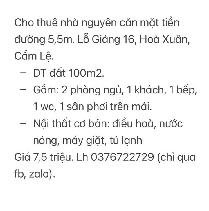 Nhà cho thuê nguyên căn mặt tiền Lỗ Giáng 16, 100m² - Giá chỉ 7,5 triệu