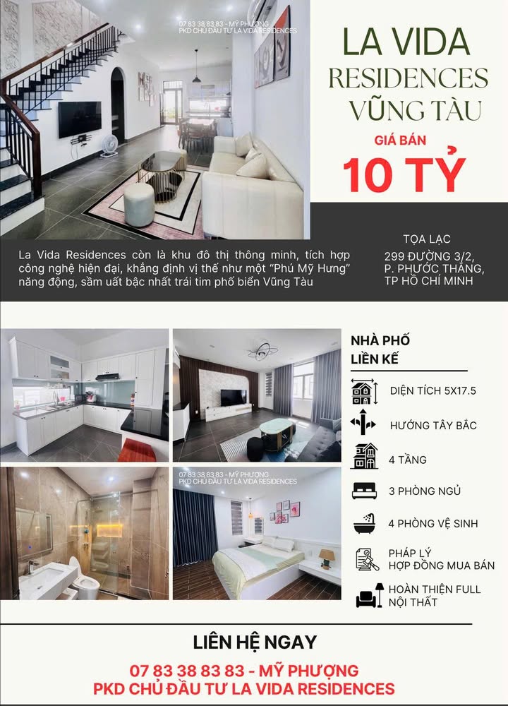 Nhà phố La Vida Residences Vũng Tàu 87m² giá 10 tỷ - Full nội thất cao cấp, vào ở ngay!