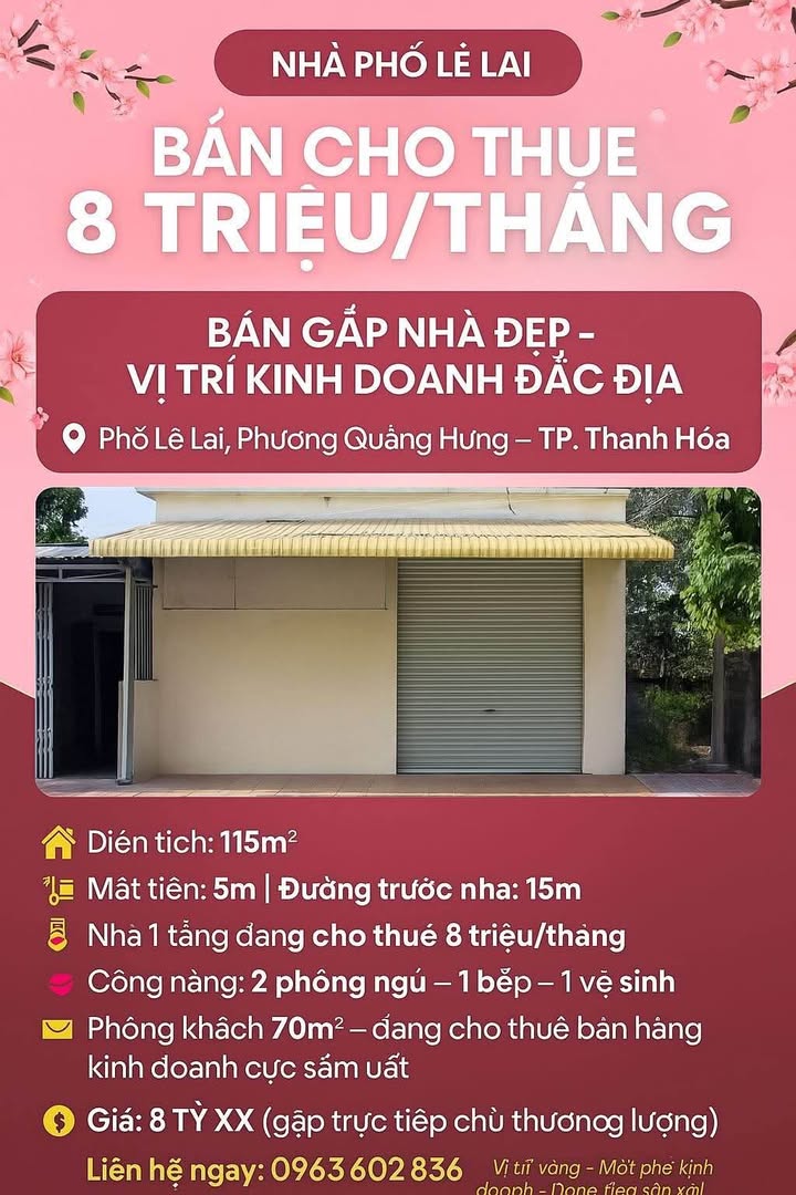 Nhà phố Lê Lai, Quảng Hưng 115m² giá 8 tỷ - Mặt tiền kinh doanh đắc địa!
