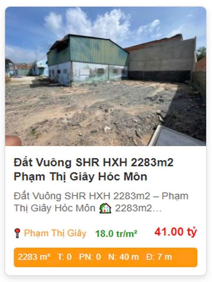 Đất nền Phạm Thị Giây Hóc Môn 2283m² - Sổ hồng riêng, giá thương lượng!