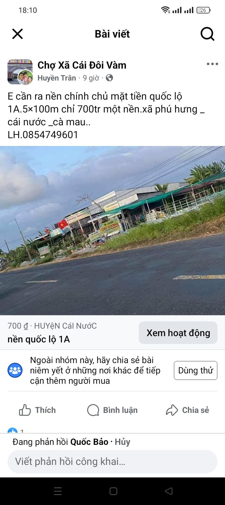 Đất nền mặt tiền Quốc lộ 1A, xã Phú Hưng, Cà Mau 500m² giá 700 triệu - Cơ hội đầu tư sinh lời!