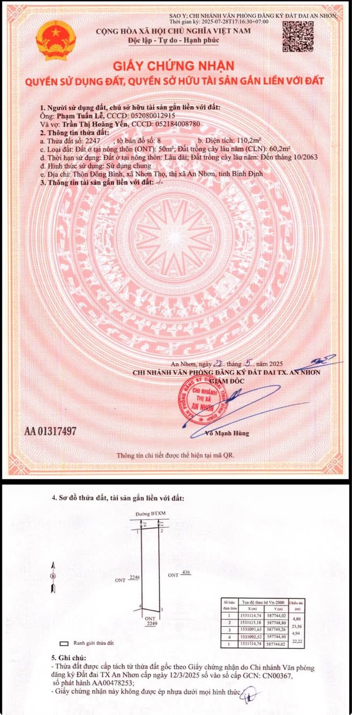 Đất nền chính chủ An Nhơn 110,2m² - Pháp lý rõ ràng, đầu tư sinh lời!