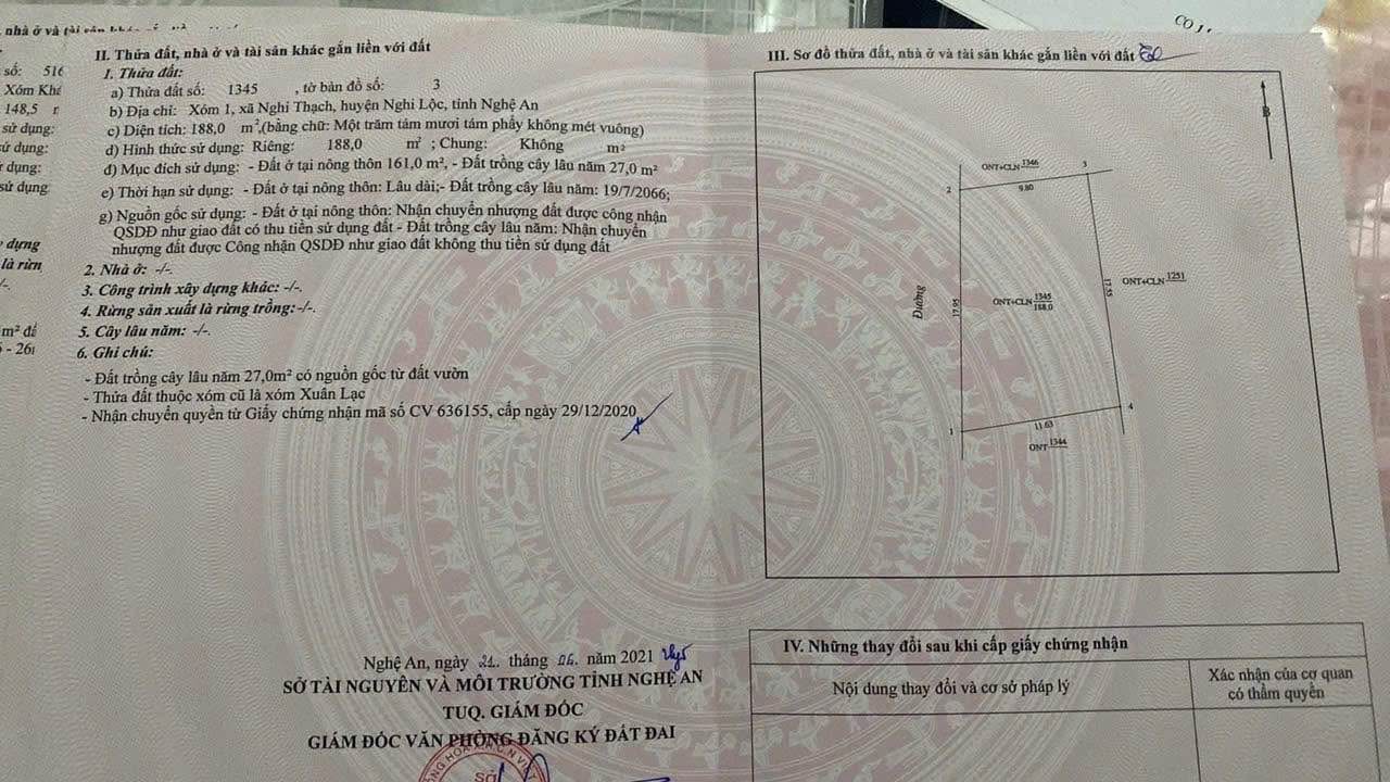 Đất Nghi Thạch 188m² giá 1.6 tỷ - Cơ hội đầu tư tuyệt vời!