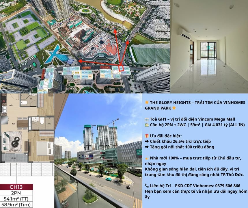 Căn hộ Glory Heights Thủ Đức 59m² giá 4.031 tỷ - Nhà mới 100% từ Chủ đầu tư