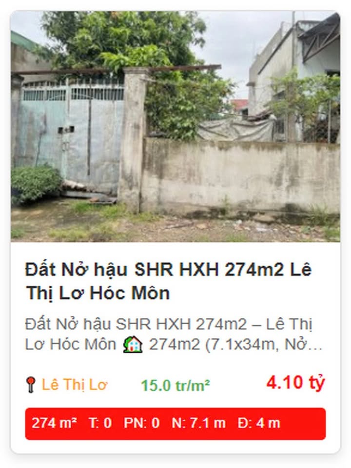 Đất Nở Hậu 274m² tại Tân Hiệp, Hóc Môn - Sổ hồng chính chủ, giá thỏa thuận!