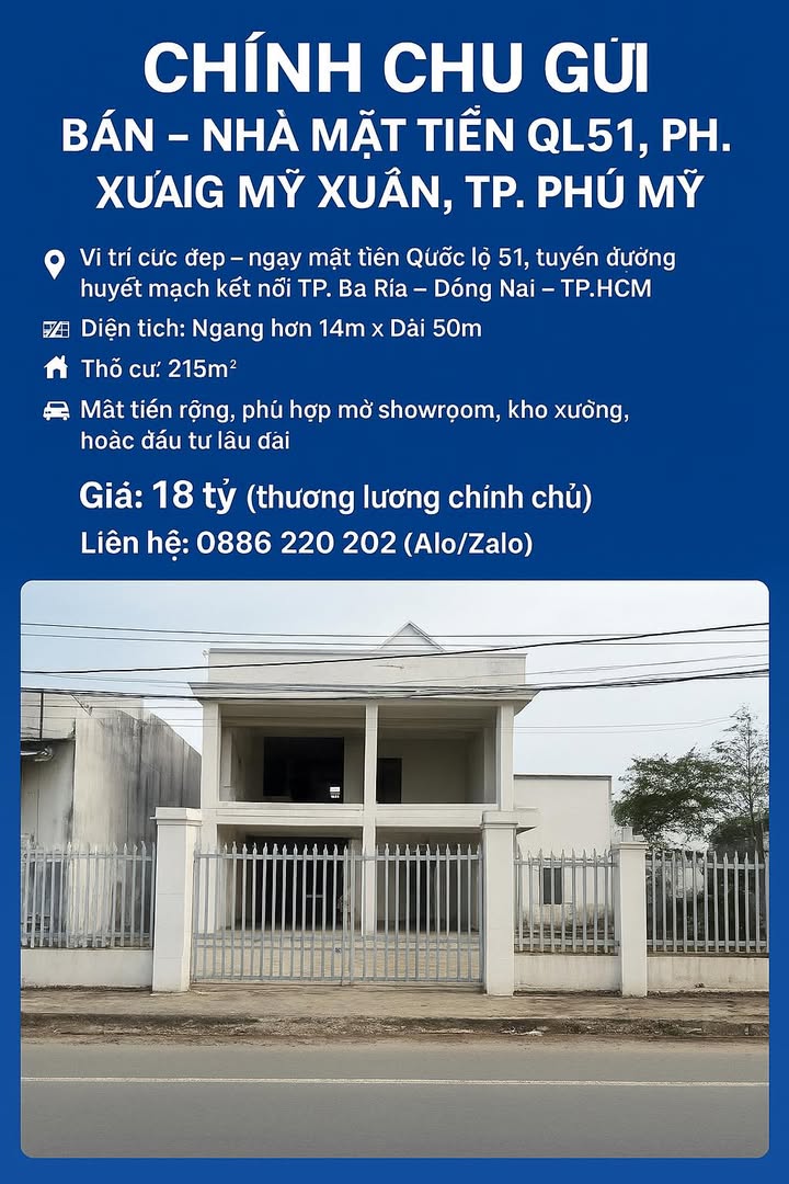 Đất mặt tiền Quốc lộ 51, phường Mỹ Xuân, TP. Phú Mỹ 700m² giá 18 tỷ - Vị trí sầm uất, kinh doanh thuận lợi!