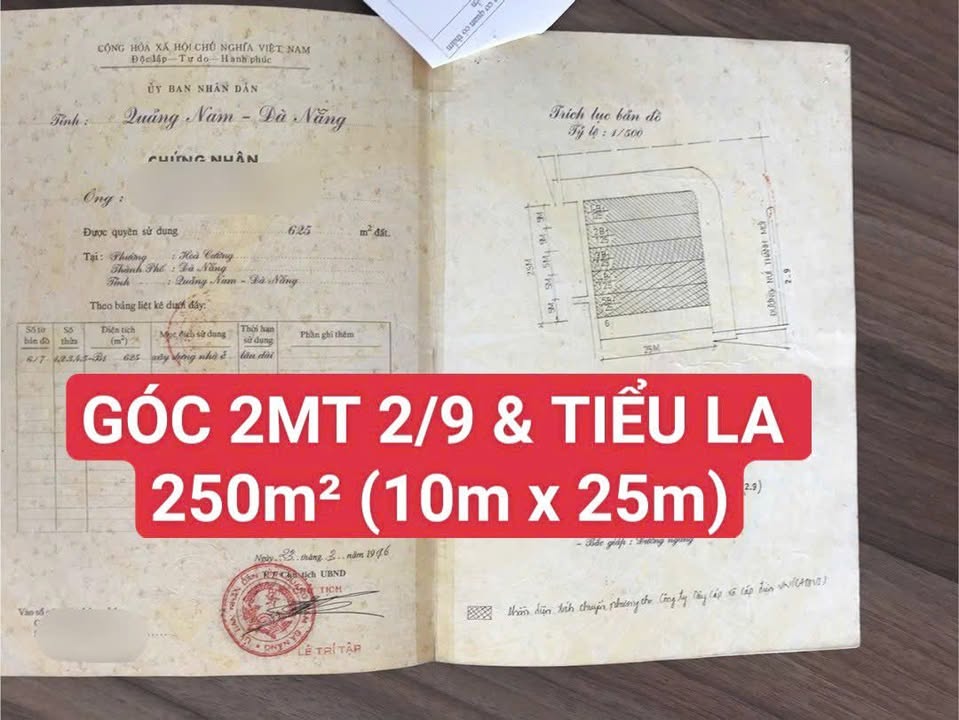 Bán đất góc 2 mặt tiền đường 2 Tháng 9 & Tiểu La 250m² - Khu kinh doanh VIP Đà Nẵng