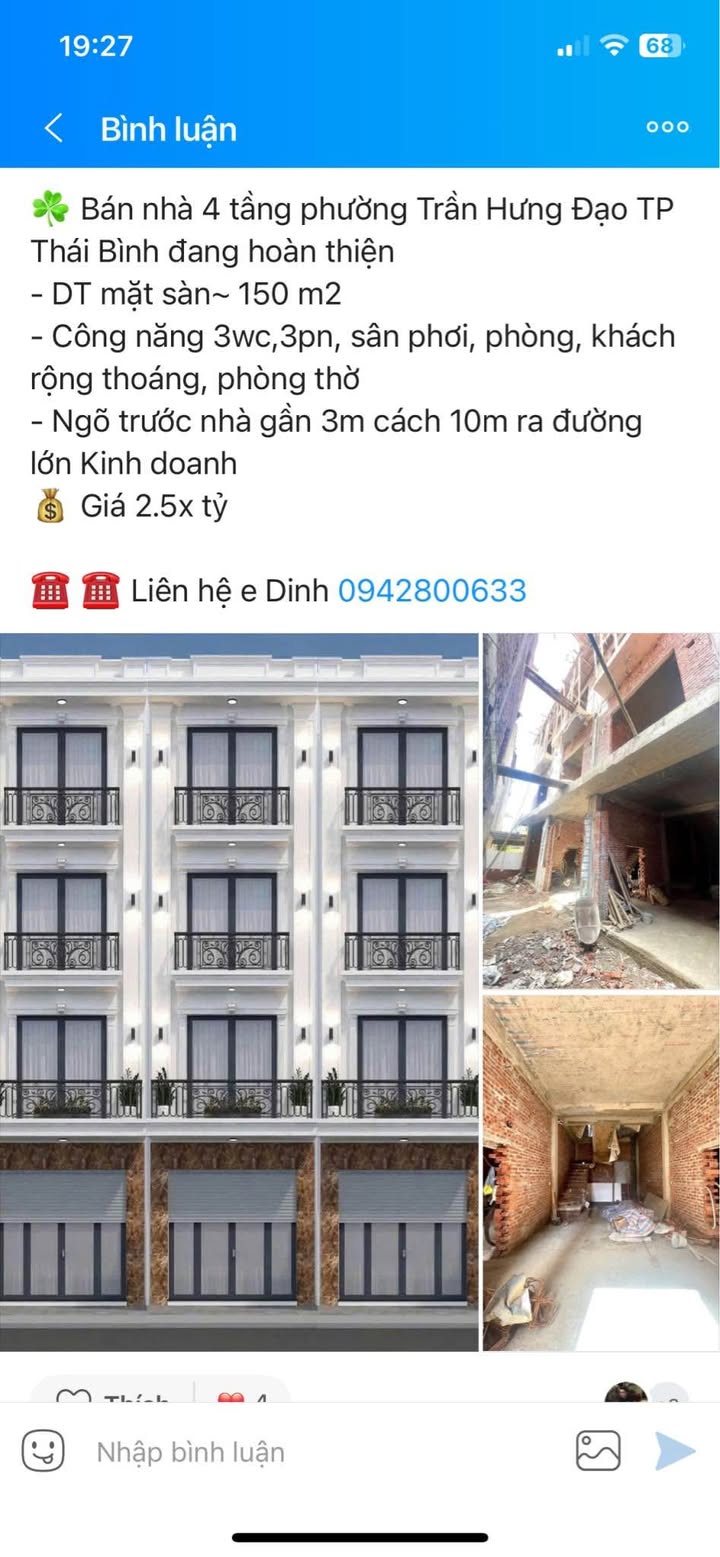 Nhà 4 tầng Trần Hưng Đạo, TP. Thái Bình 150m² giá 2.5 tỷ - Thiết kế hiện đại, tiện nghi!