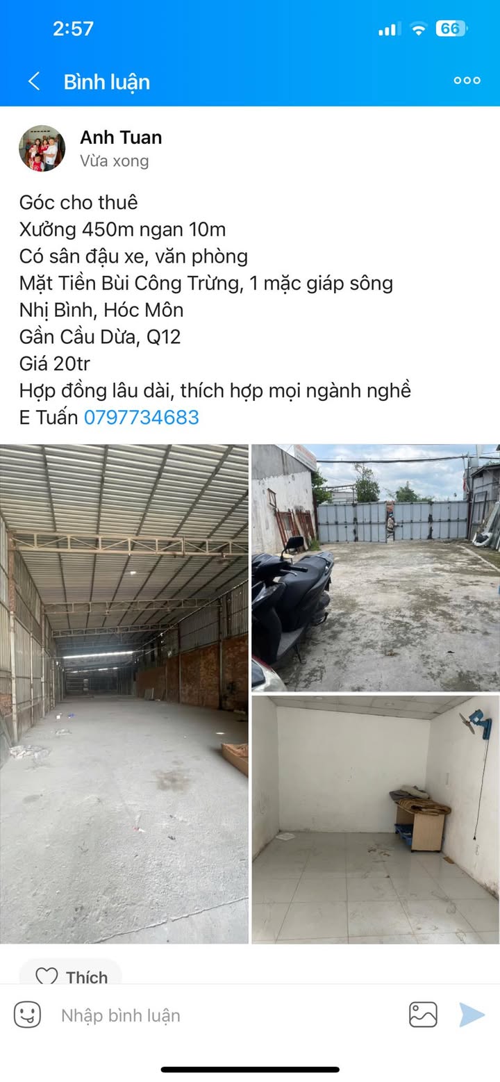 Xưởng cho thuê 450m² mặt tiền Bùi Công Trừng - Giá chỉ 20 triệu/tháng!
