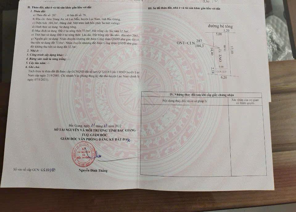 Đất thổ cư 104m² tại Trung An, Lục Nam - Giá 700 triệu, đường thông tứ phía!