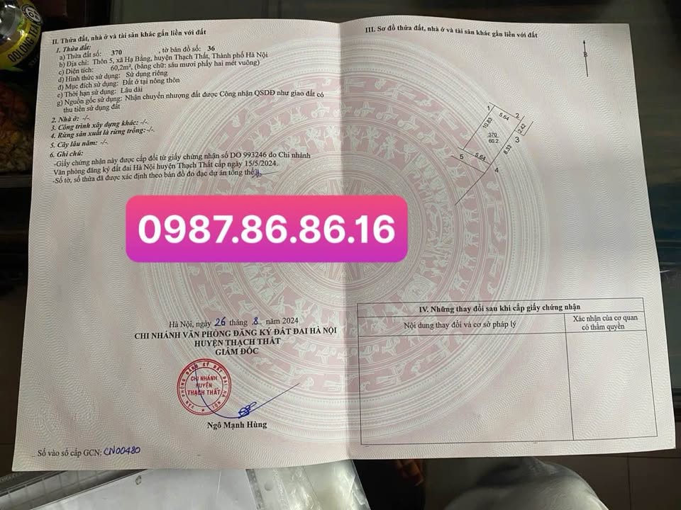 Đất thổ cư 60m² tại Hạ Bằng, giá chỉ 2 tỷ - Cơ hội đầu tư hiếm có!