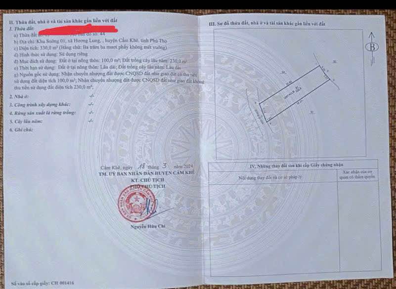 Đất thổ cư 100% tại Hương Lung, Cẩm Khê, 3348m² - Chính chủ bán gấp!