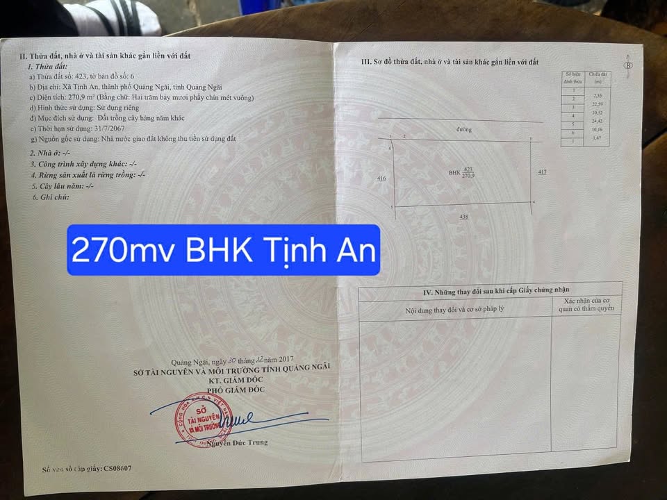 Đất nền BHK Tịnh An 270m² giá thỏa thuận - Sổ hồng chính chủ, vị trí đẹp!