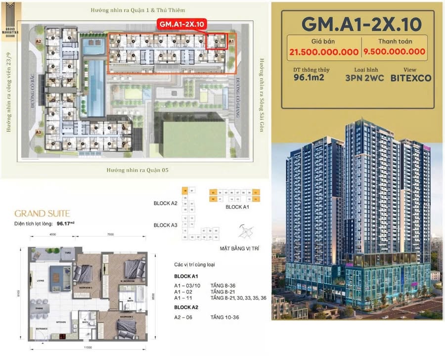 Căn hộ 3PN The Grand Manhattan Quận 1 96.2m² - View đẹp, thiết kế tối ưu!