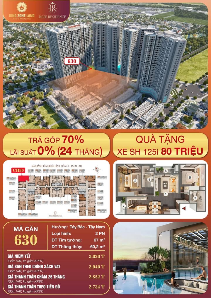 Căn hộ Rose Residence Hải Phòng 67m² giá 2.73 tỷ - Nhận ngay xe SH 125i trị giá 80 triệu!