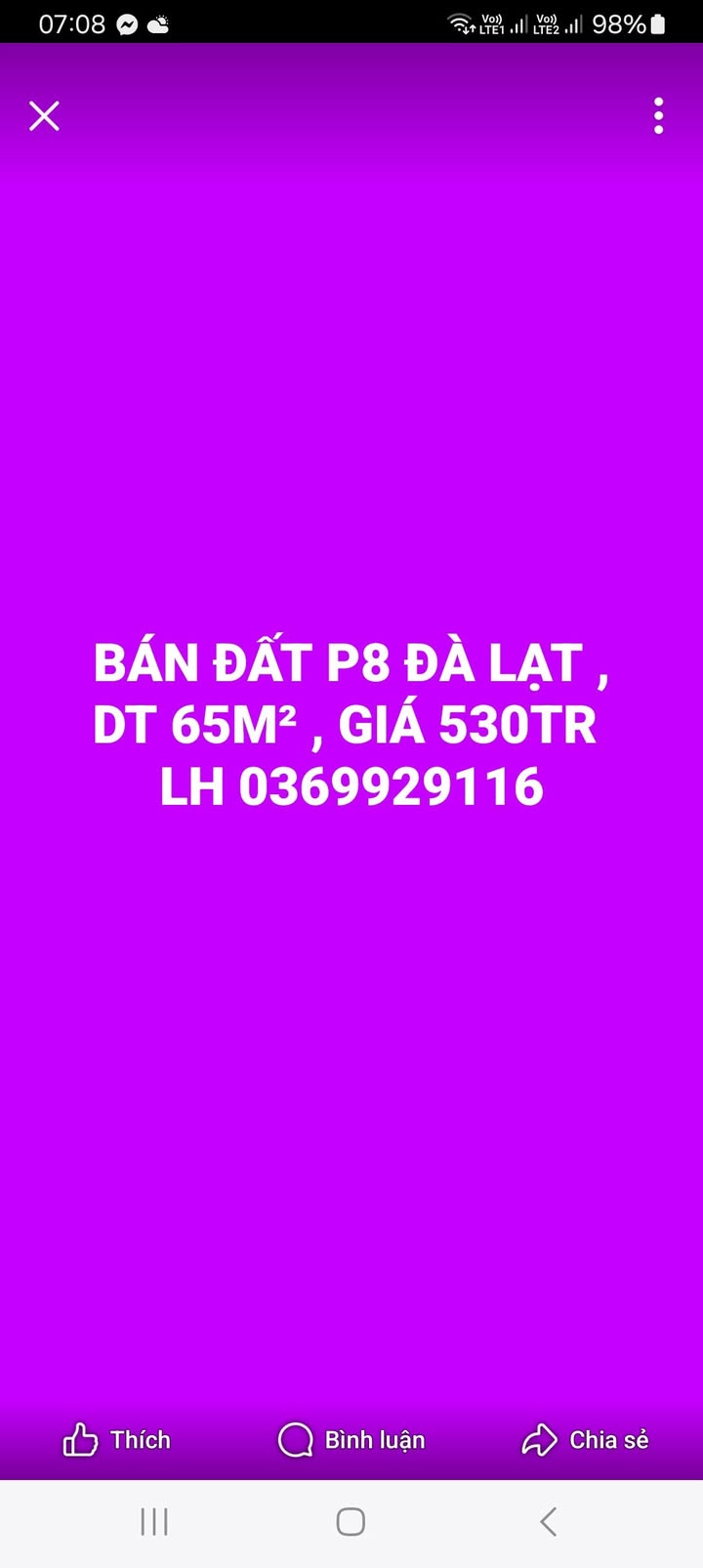 Đất nền phường 8 Đà Lạt 65m² giá 530 triệu - Đường ô tô thuận tiện!