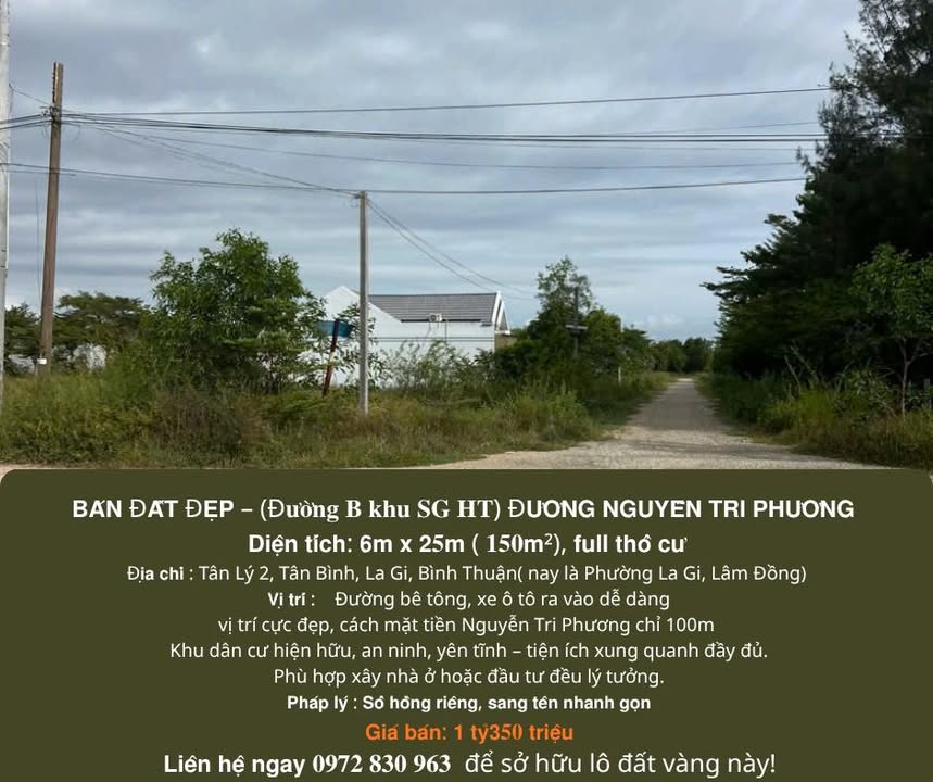 Đất thổ cư Tân Lý 2, La Gi 150m² giá 1.35 tỷ - Vị trí đắc địa gần Nguyễn Tri Phương!