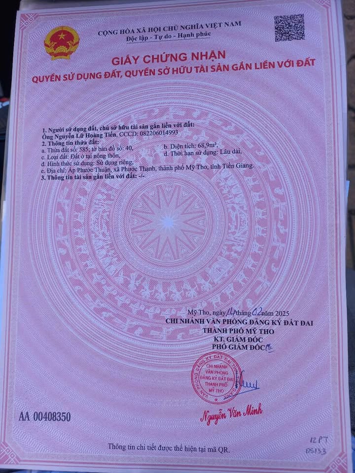 Đất thổ cư 69m² mặt tiền ấp Phước Thuận, Mỹ Tho, giá 620 triệu - Cơ hội đầu tư tuyệt vời!
