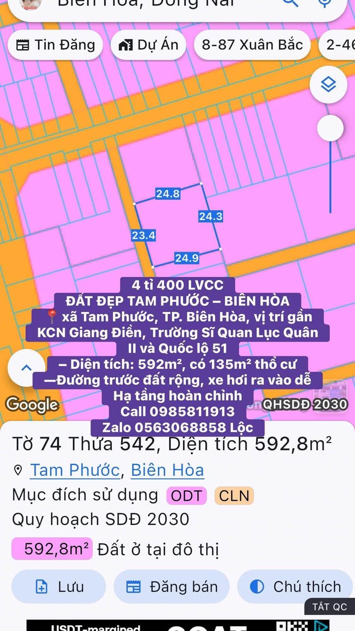 Đất đẹp 592m² Tam Phước, Biên Hòa giá 4.4 tỷ - Phù hợp tách lô đầu tư!