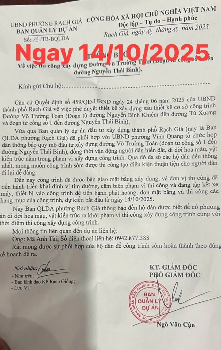 Bán đất mặt tiền Võ Trường Toản, Vĩnh Quang, Rạch Giá 145m² - Cơ hội đầu tư sinh lời cao!