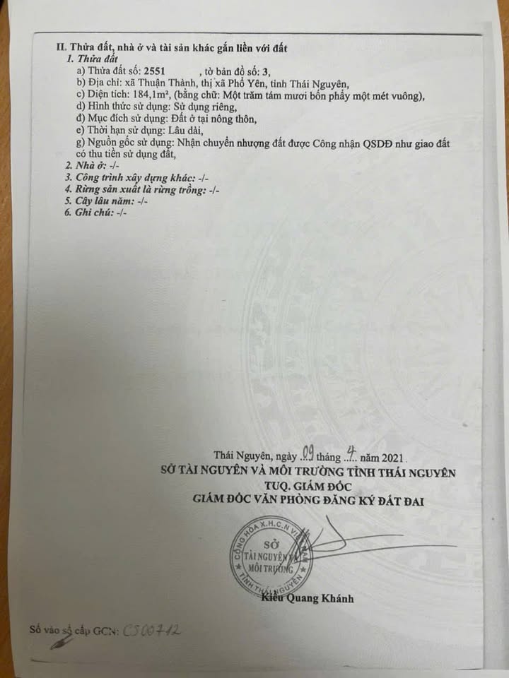 Đất thổ cư 184m² xã Thuận Thành, Phổ Yên chỉ 900 triệu - Đầu tư sinh lời tốt!