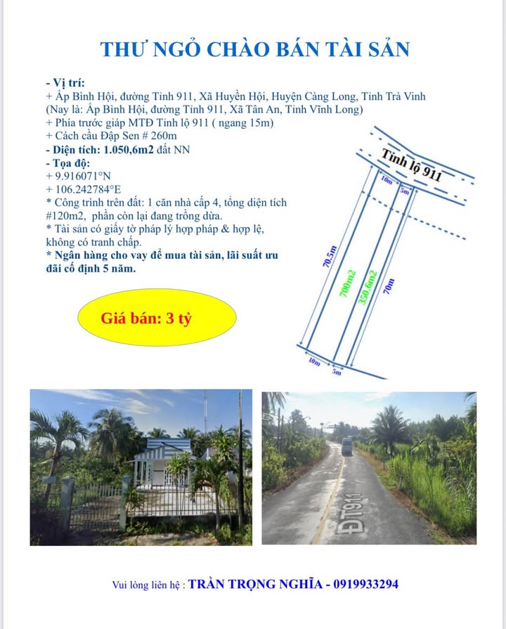 Đất nông nghiệp 1050m² tại Huyền Hội, Càng Long - Giá 3 tỷ, thương lượng ngay!