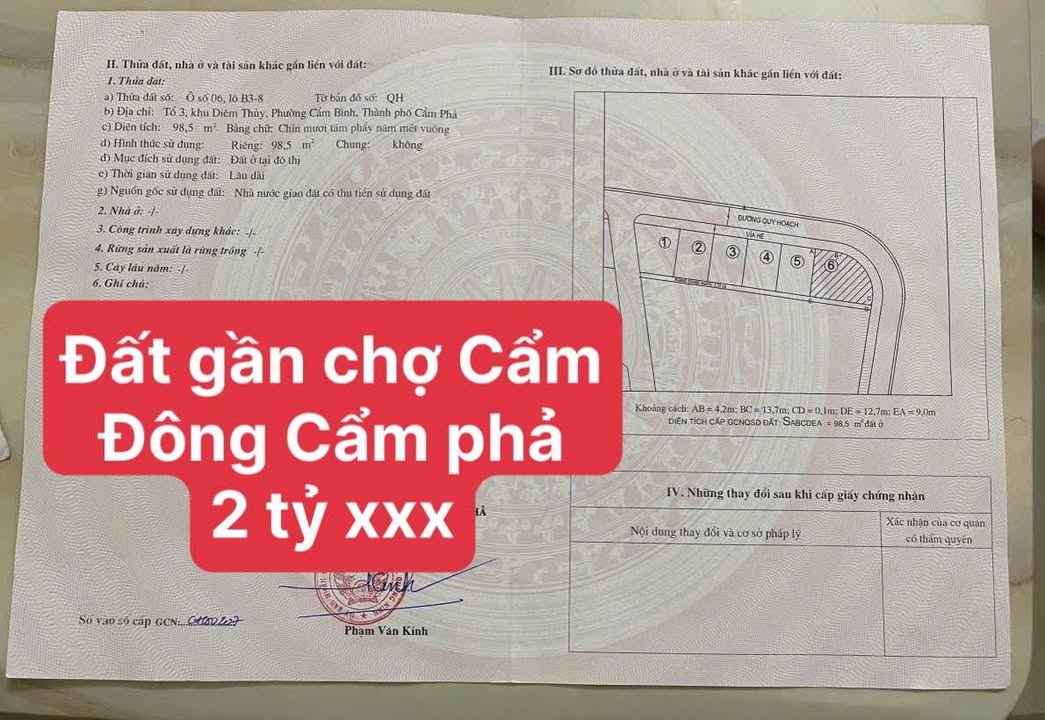 Đất nền Cẩm Đông Cẩm Phả 98m² giá 2.2 tỷ - Ô góc 2 mặt tiền đắc địa!