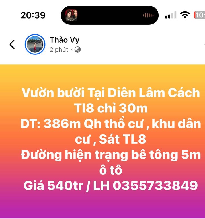 Đất vườn Diên Lâm 386m² giá 540 triệu - Sổ hồng thổ cư chính chủ!