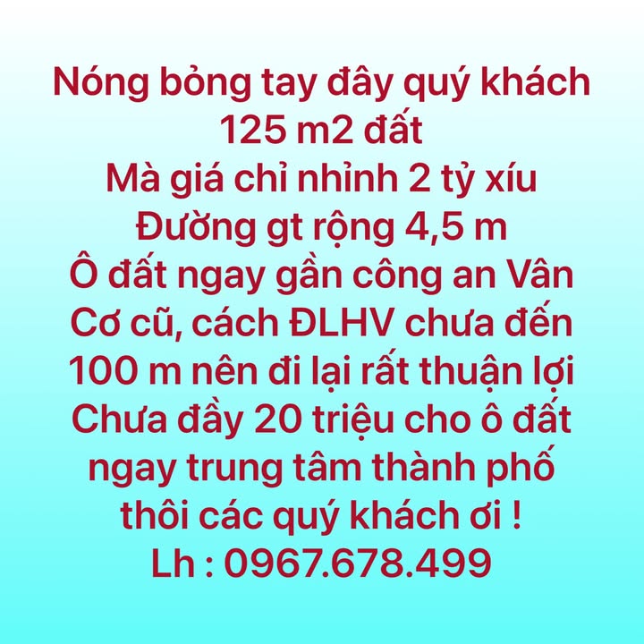Đất nền 125m² Phường Vân Cơ giá chỉ 2.1 tỷ - Khu dân cư đông đúc, tiện ích đầy đủ!