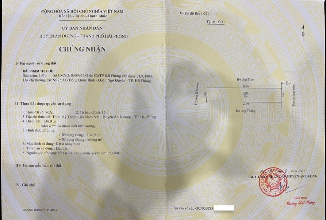 Đất nền chính chủ tại Đình Mỹ Tranh, Nam Sơn, An Dương - 134m² giá chỉ 3.216 tỷ!