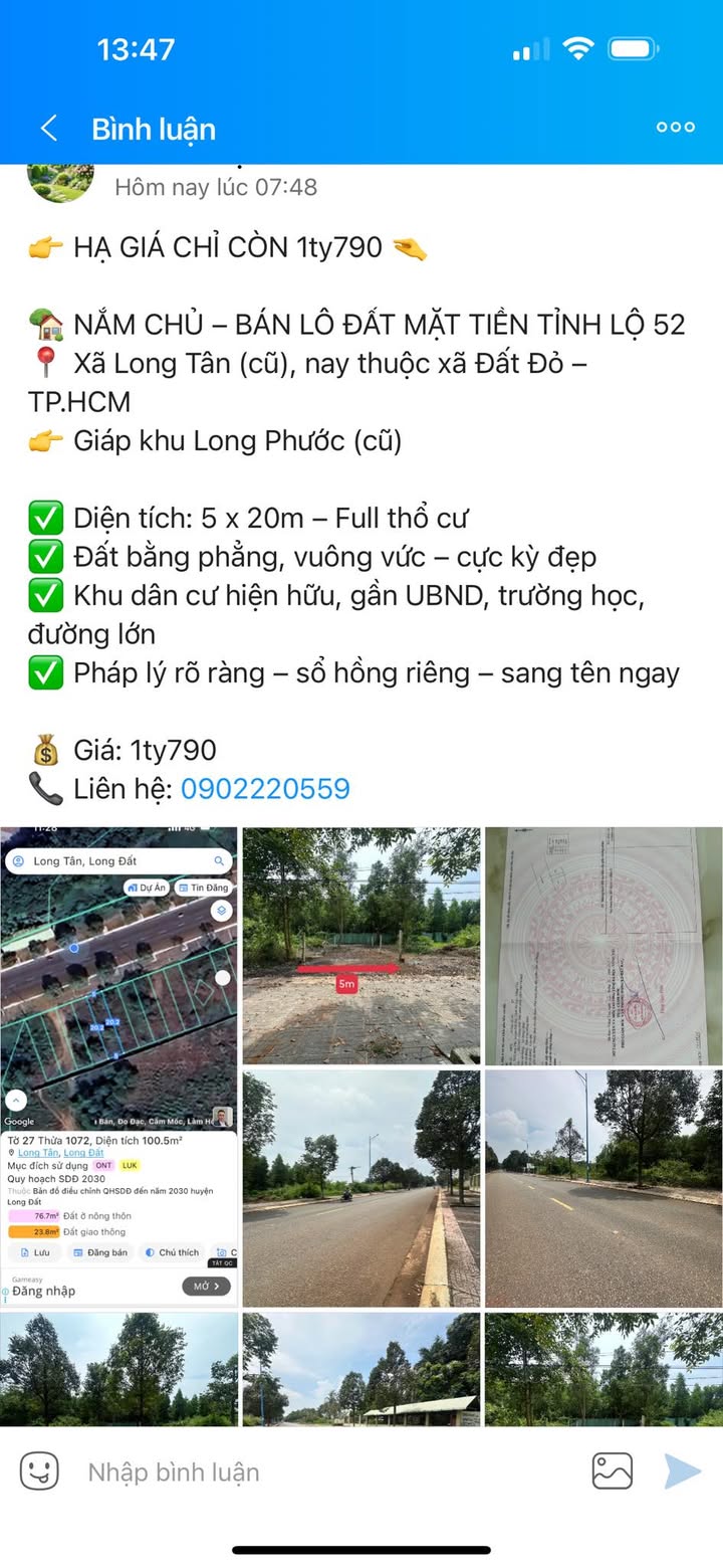 Đất thổ cư mặt tiền Tỉnh Lộ 52, xã Đất Đỏ, 100m² chỉ 1.75 tỷ - Pháp lý rõ ràng!