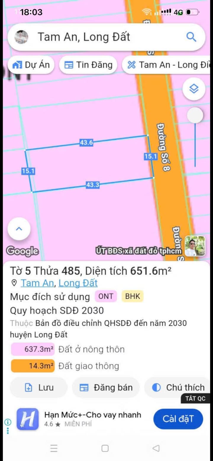 Đất nền mặt tiền đường Nhựa Số 8, xã Tam An, 645m² giá 3.65 tỷ - Phù hợp xây biệt thự vườn!