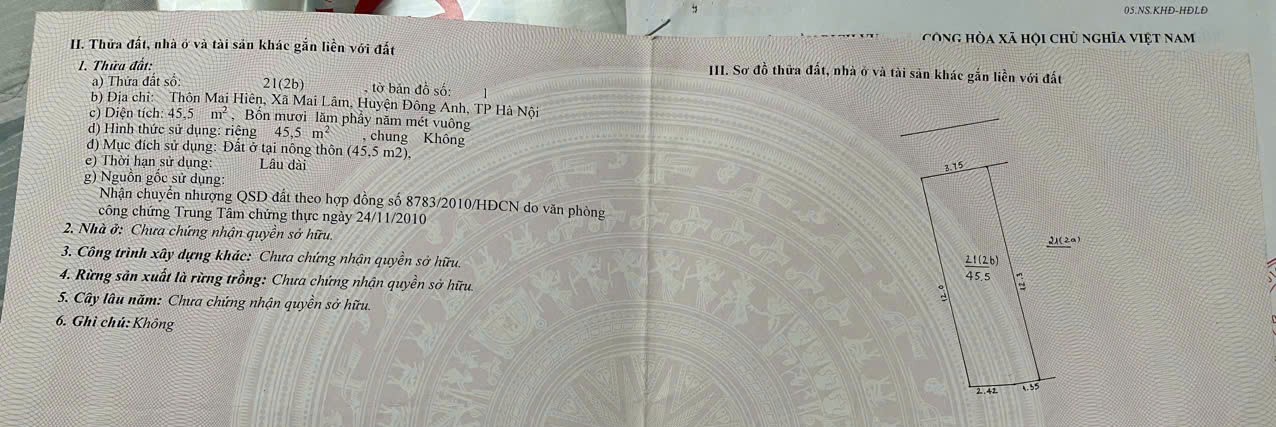Đất thổ cư Mai Hiên, Mai Lâm 45.5m² giá thỏa thuận - Mặt tiền rộng, ô tô vào tận nơi!