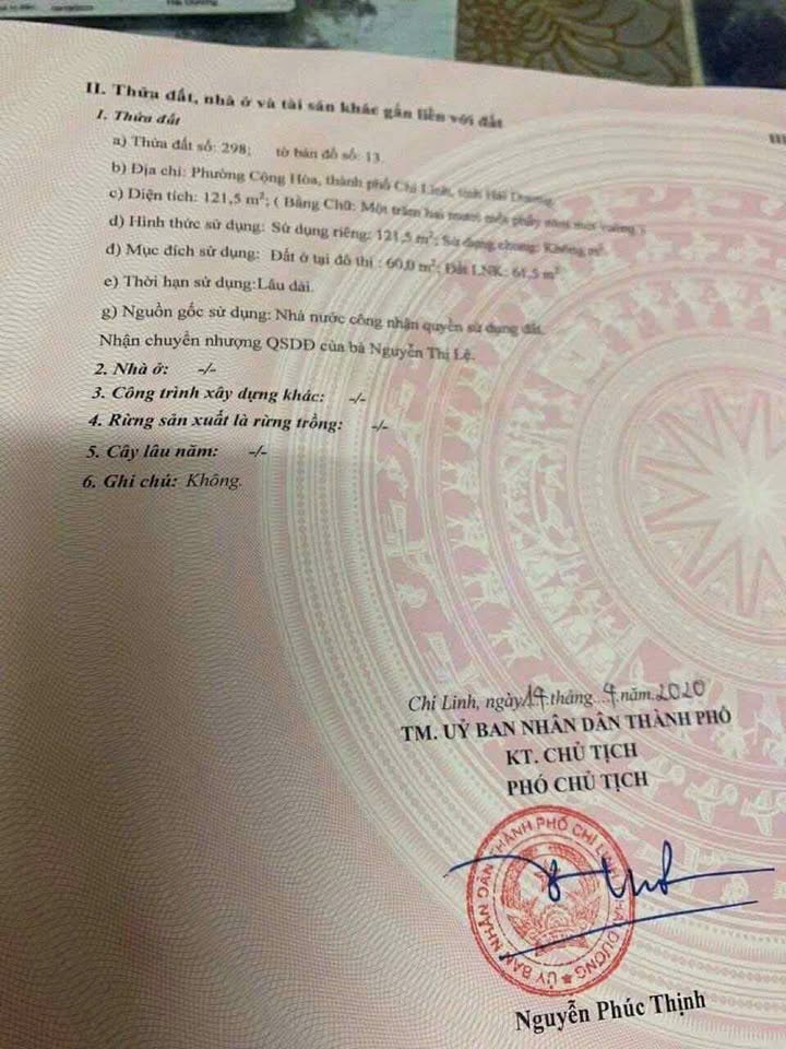 Đất thổ cư 121m² tại phường Cộng Hòa, Chí Linh chỉ 1.5 tỷ - Đầu tư sinh lời ngay!