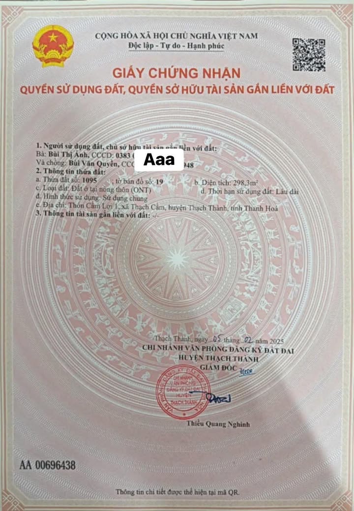 Đất thổ cư tỉnh lộ Thạch Cẩm, Thạch Thành 300m² - Gần trường học và bưu điện!