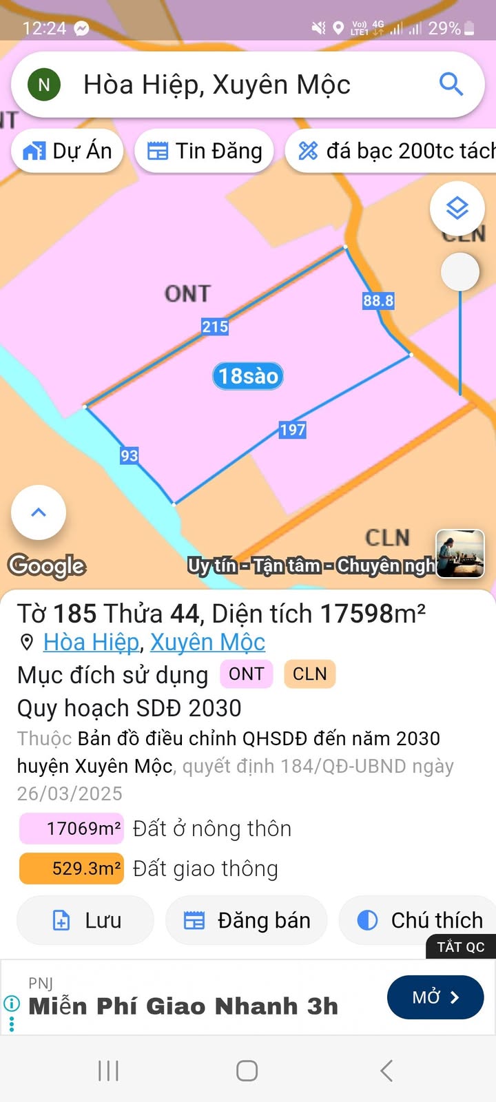 Đất nền xã Hòa Hiệp, huyện Xuyên Mộc 17.589m² giá 15 tỷ - Tiềm năng đầu tư lớn!