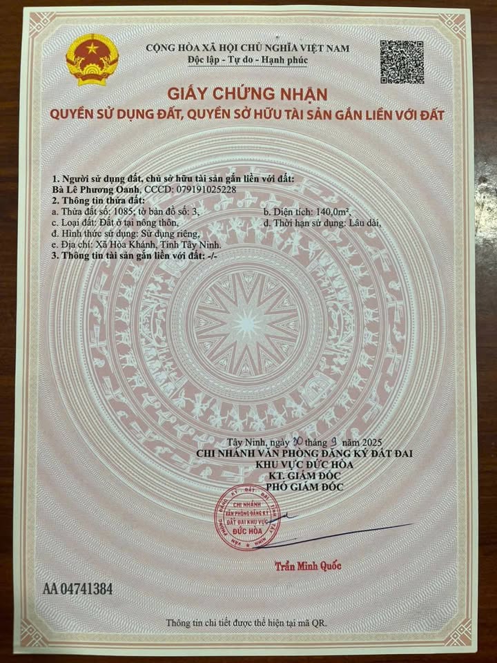 Đất thổ cư 140m² Hòa Khánh Nam, Đức Hòa - Sổ hồng riêng, giá chỉ 900 triệu!