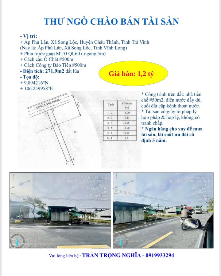 Đất nông nghiệp 271,9m² tại Ấp Phú Lân, Trà Vinh giá chỉ 1,2 tỷ - Cơ hội đầu tư hấp dẫn!