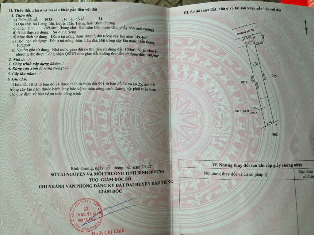 Đất thổ cư 249m² Long Tân Dầu Tiếng giá chỉ 590 triệu - Sổ riêng, mặt tiền 6m!