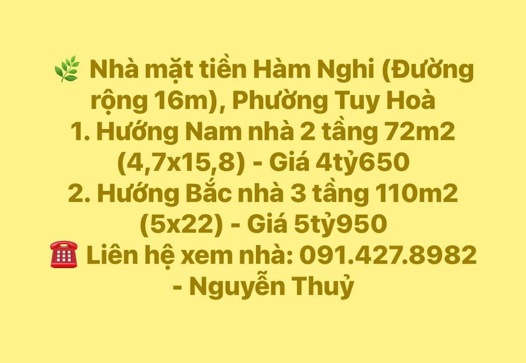 Nhà mặt tiền Hàm Nghi, Phường Tuy Hoà 72m² giá 4.65 tỷ - Sổ hồng chính chủ!