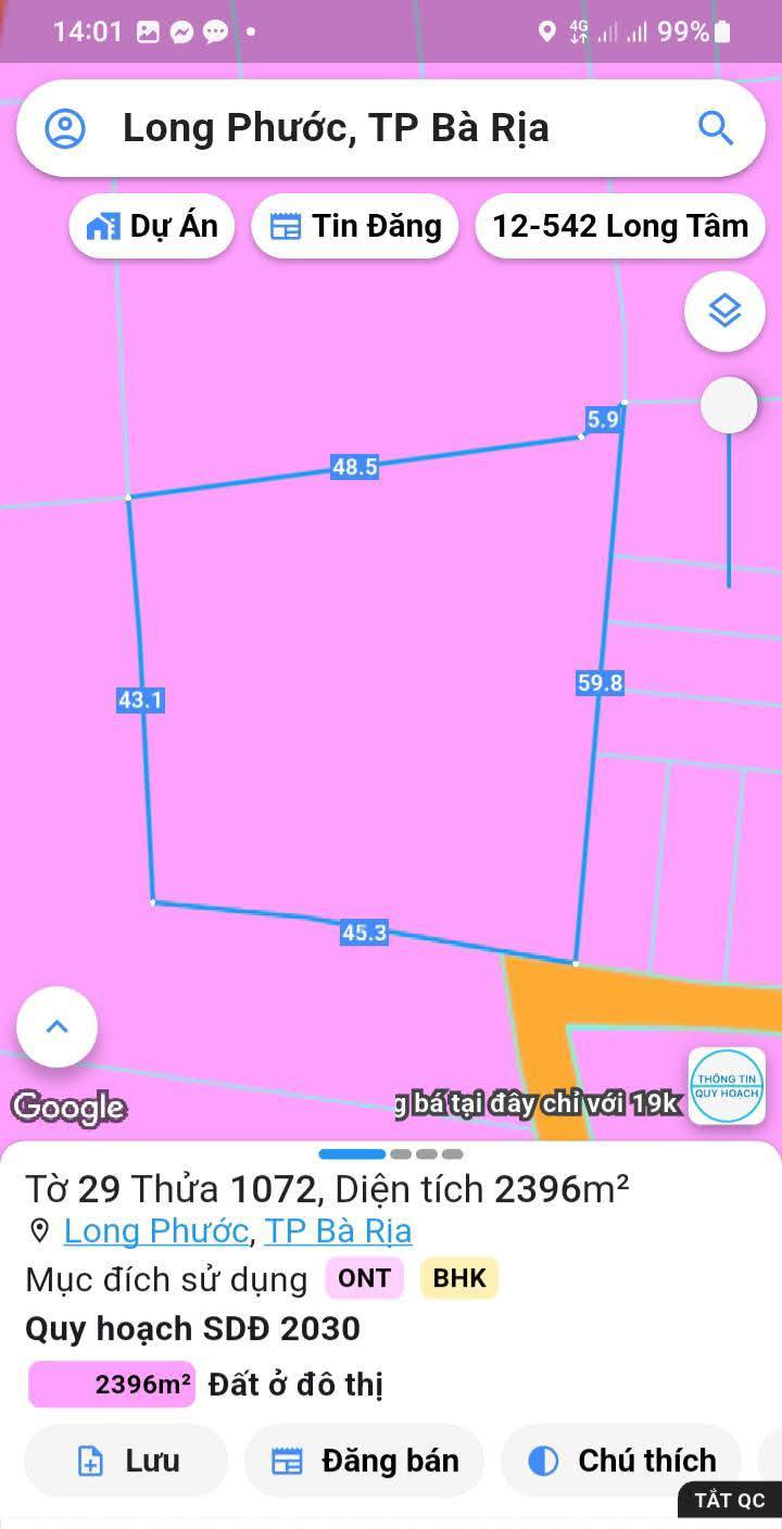 Đất thổ cư 2396m² tại Long Phước, Bà Rịa - Vũng Tàu giá 5 tỷ - Chủ gởi bán gấp!